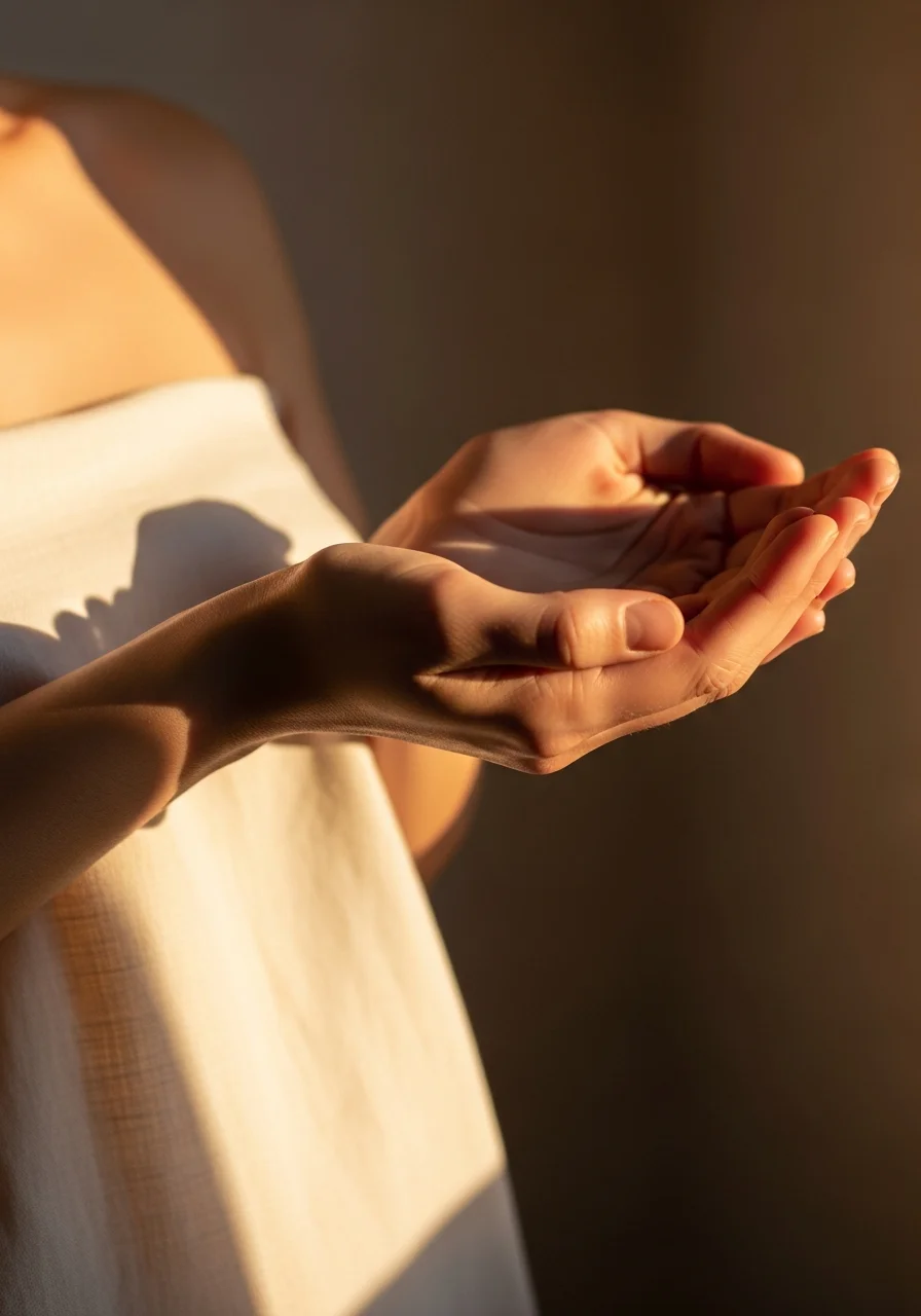 Nahaufnahme zweier Hände während einer Reiki-Behandlung im warmen Nachmittagslicht